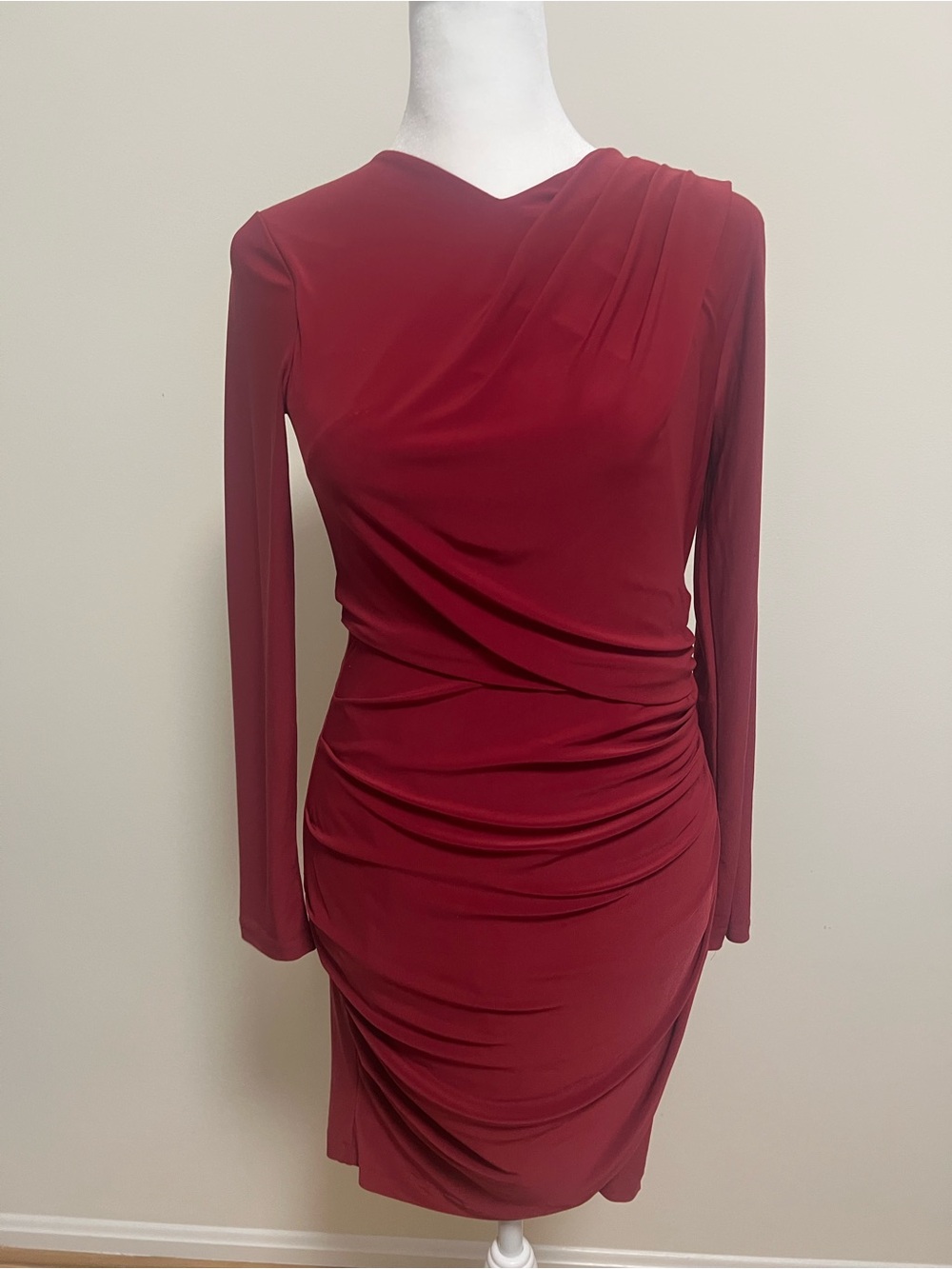 WHBM XSP Dark Rouge Long-Sleeve Shirred Dress